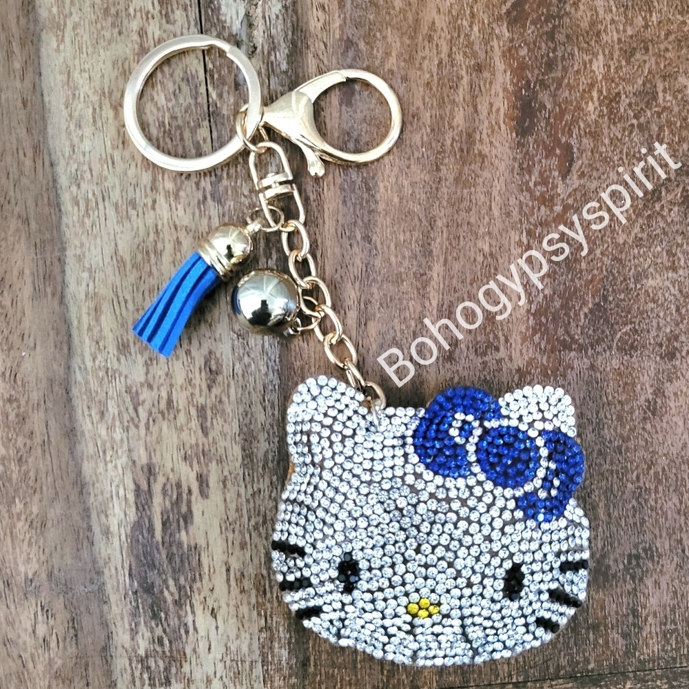 Hello Kitty Blue Bow Crystal Rhinestone Keychain Bag Charm With Tassel